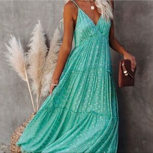 VICI - FATHOMS BELOW ADJUSTABLE METALLIC TIERED MAXI DRESS - SEAFOAM GREEN - NWT